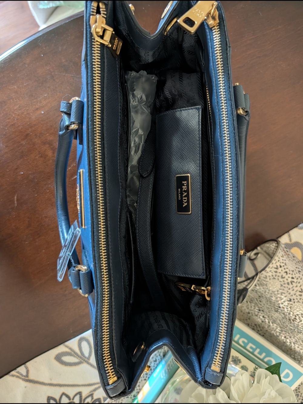 Prada Navy Saffiano Leather Tote with Gold Hardware - Picture 3 of 16